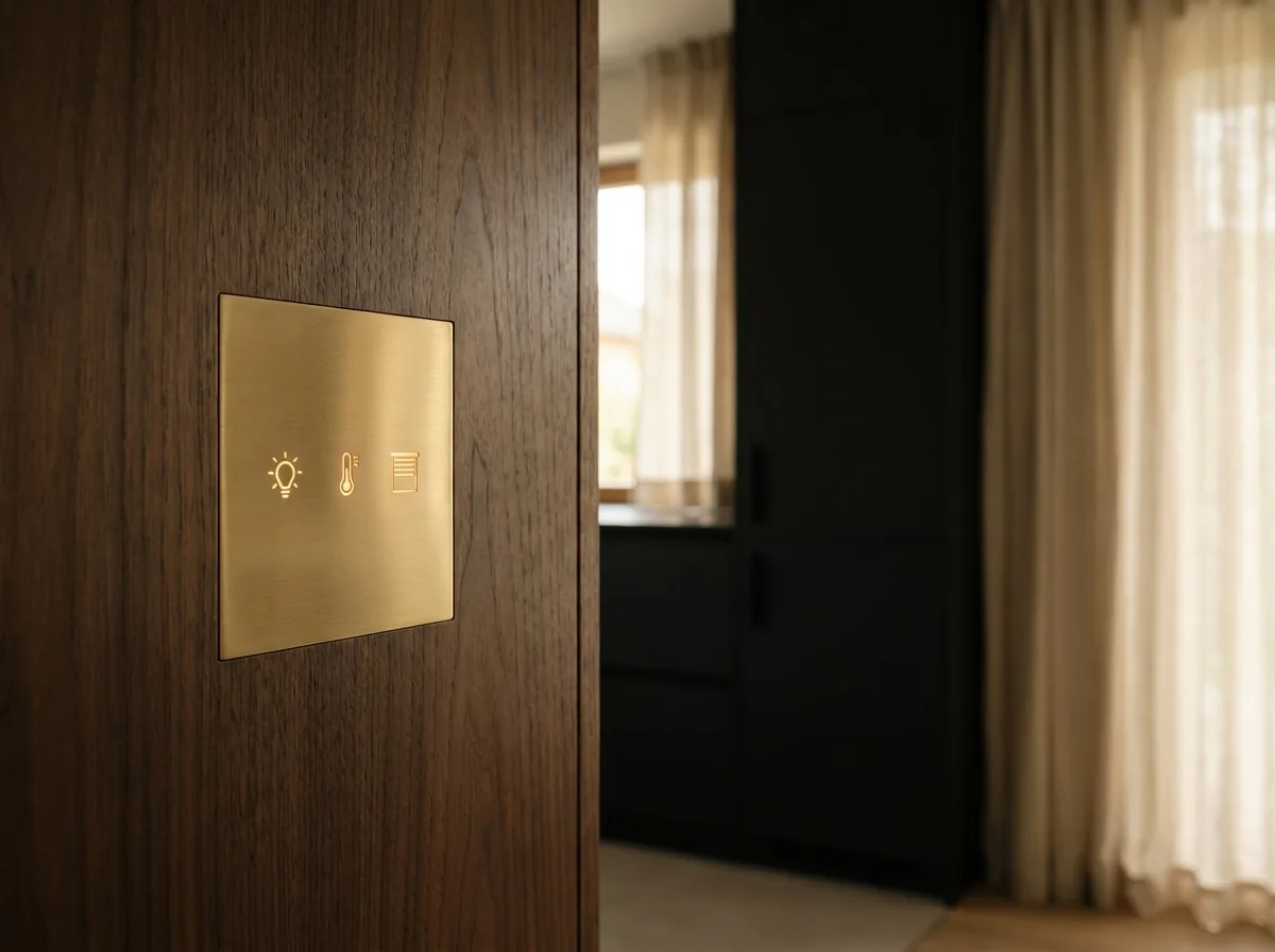 Painel touch em acabamento de madeira premium