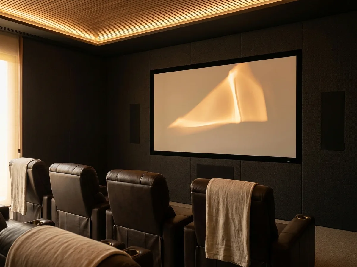 Home theater com som embutido e calibração acústica profissional — projeto Um Click no Jardins