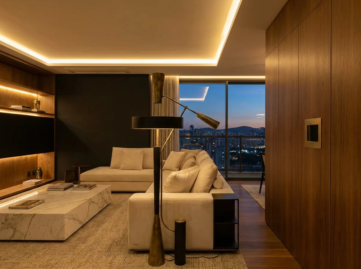 Sala automatizada com painel touch em parede de madeira e iluminação cênica — projeto Um Click no Morumbi